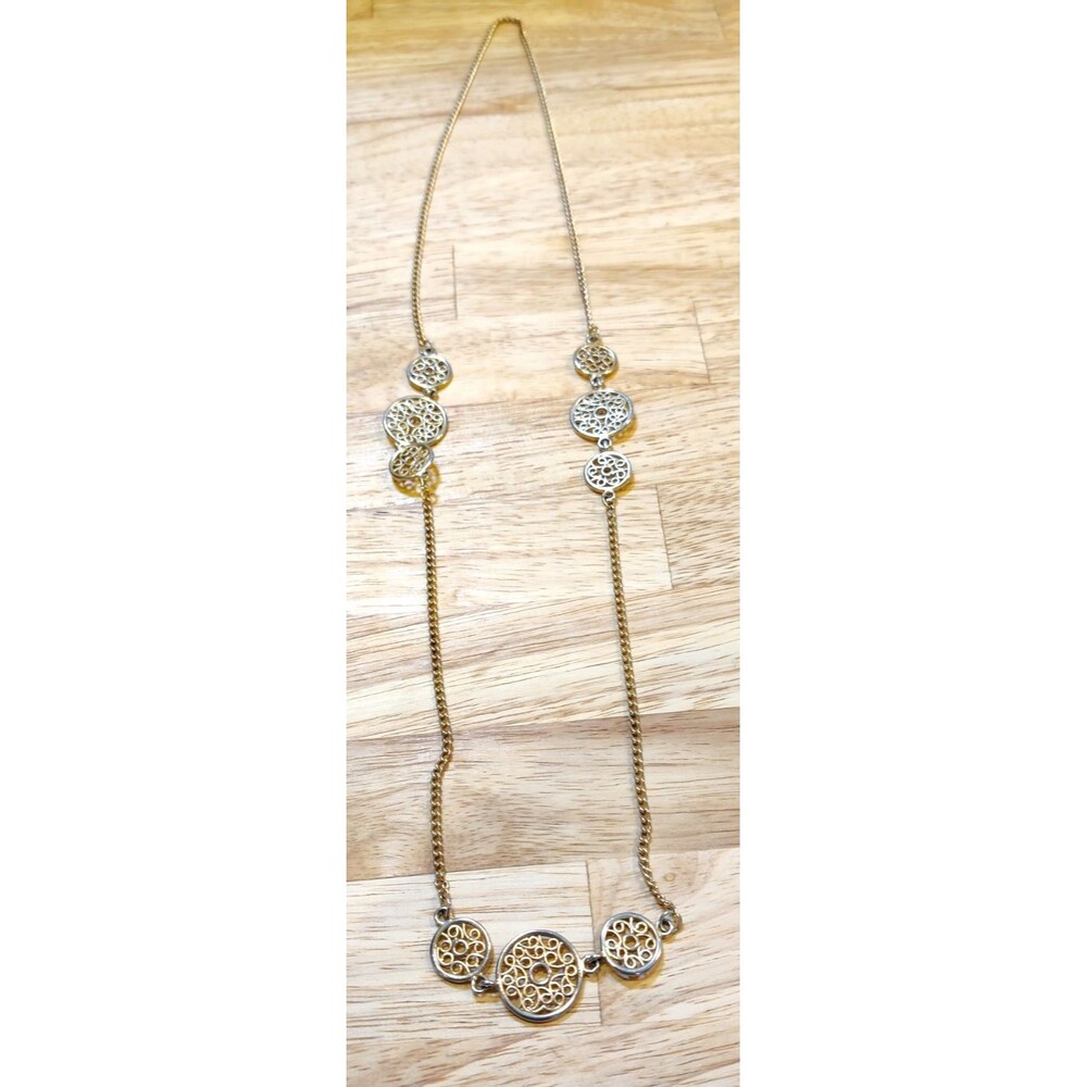 Vintage Gold Tone Filigree Medallion Link Station Chain Necklace Long